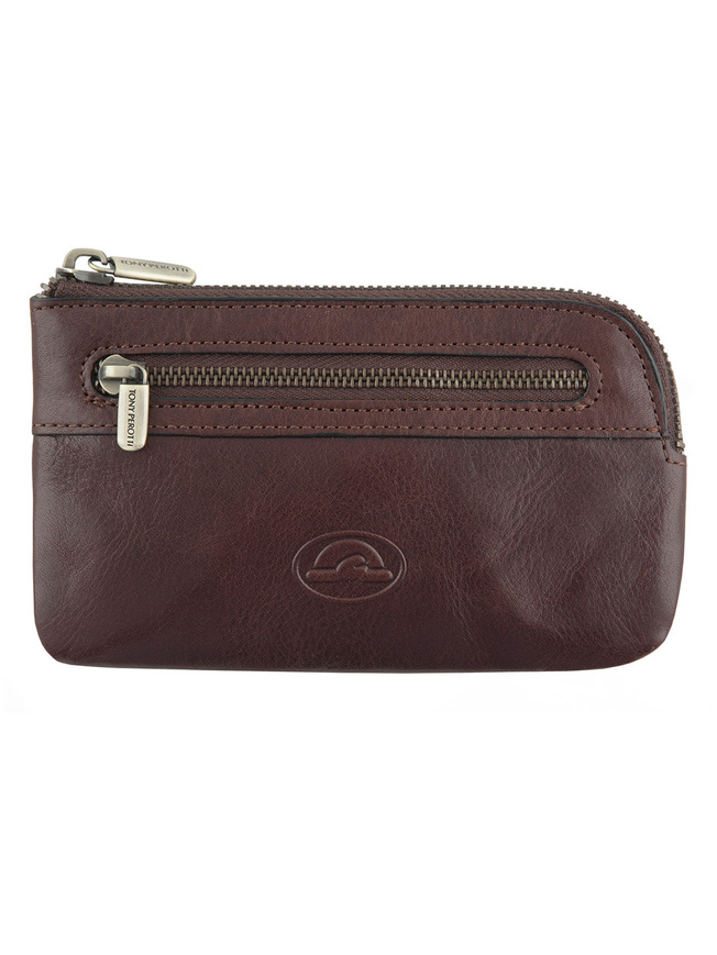 Коричневая кожаная ключница с двумя кольцами на цепочке