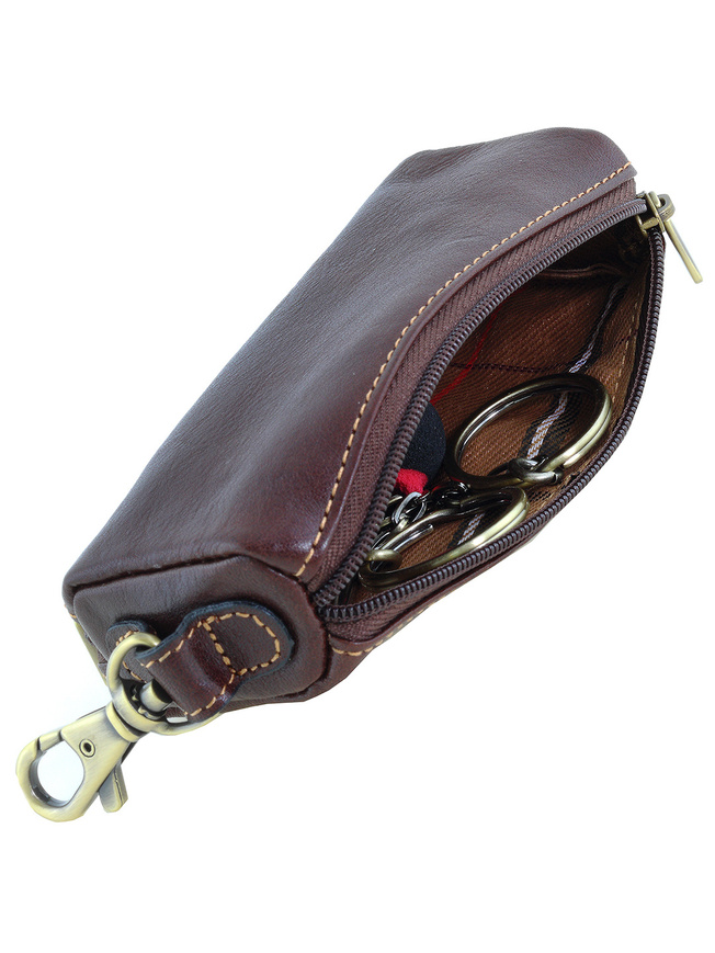 Коричневая кожаная ключница с двумя кольцами и карабином