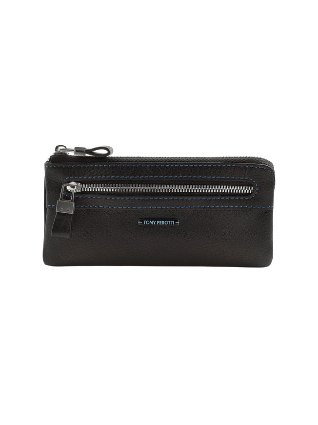 Черная кожаная ключница с двумя кольцами на цепочке