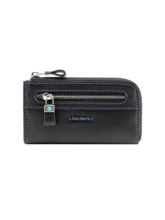 Черная кожаная ключница с двумя кольцами на цепочке