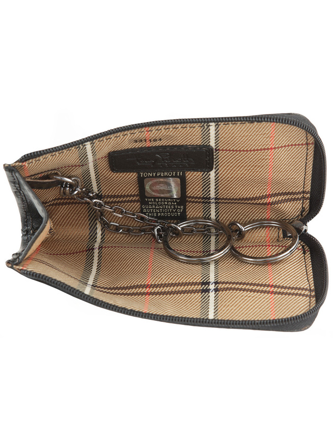 Черная кожаная ключница с двумя кольцами на цепочке