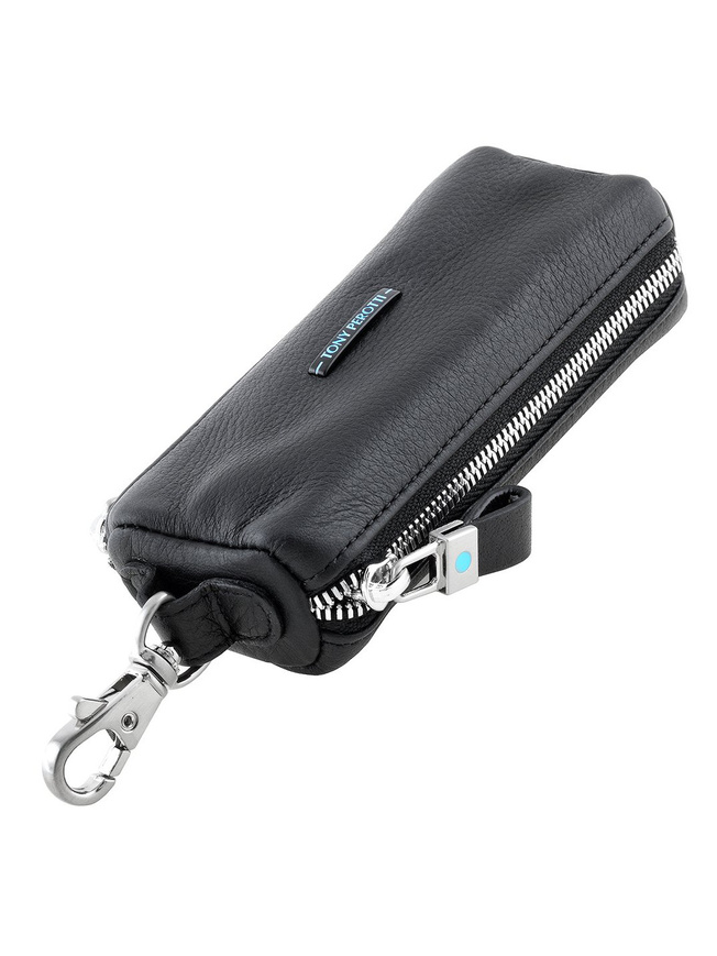 Черная кожаная ключница с двумя кольцами и карабином