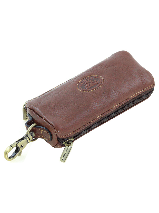 Коричневая кожаная ключница с двумя кольцами и карабином2