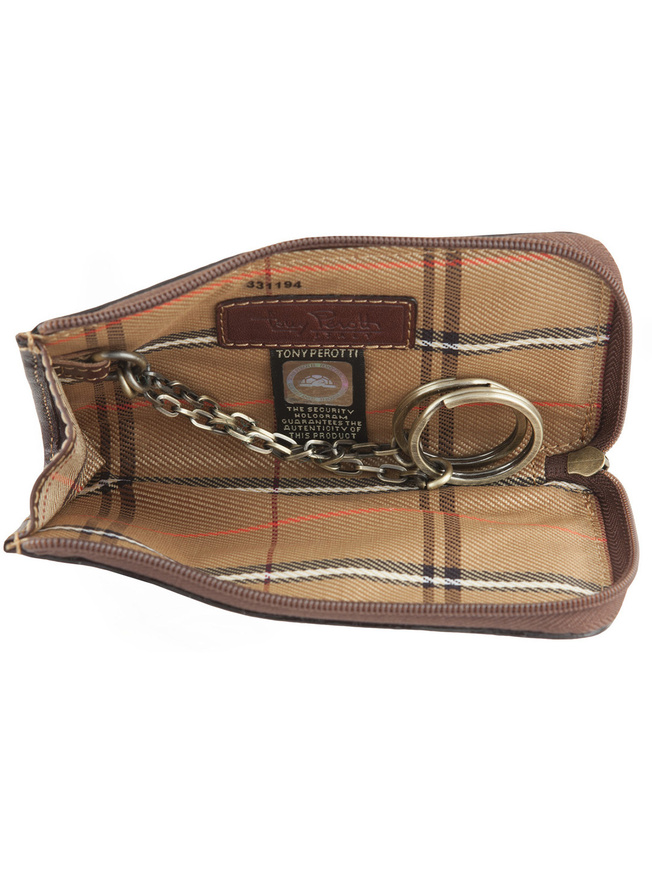 Коричневая кожаная ключница с двумя кольцами на цепочке