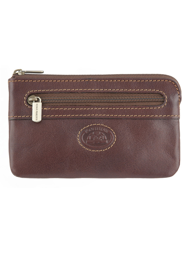 Коричневая кожаная ключница с двумя кольцами на цепочке