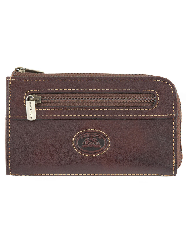 Коричневая кожаная ключница с двумя кольцами на цепочке