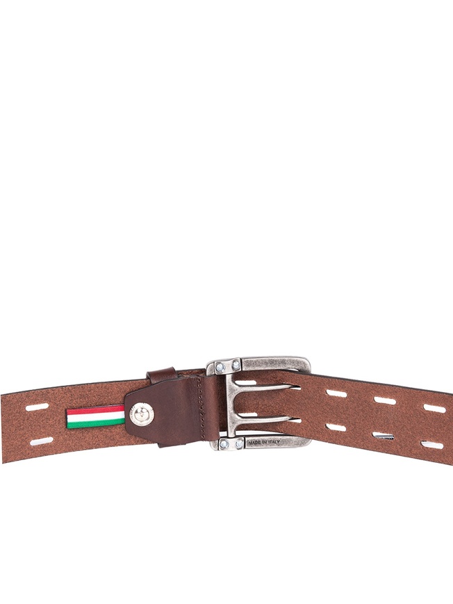 Мужской ремень для джинс из плотной кожи с крупной перфорацией и матовой пряжкой