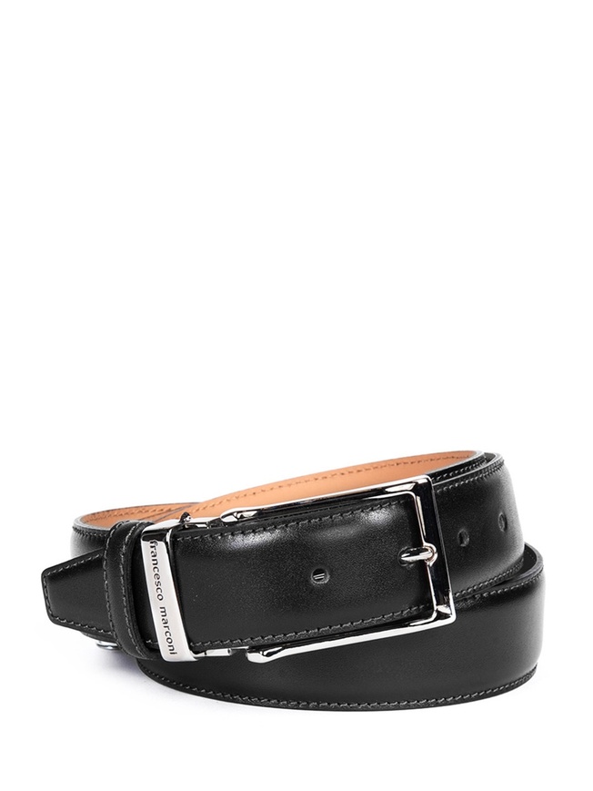 Мужской ремень на пояс из гладкой черной кожи с хромированной пряжкой