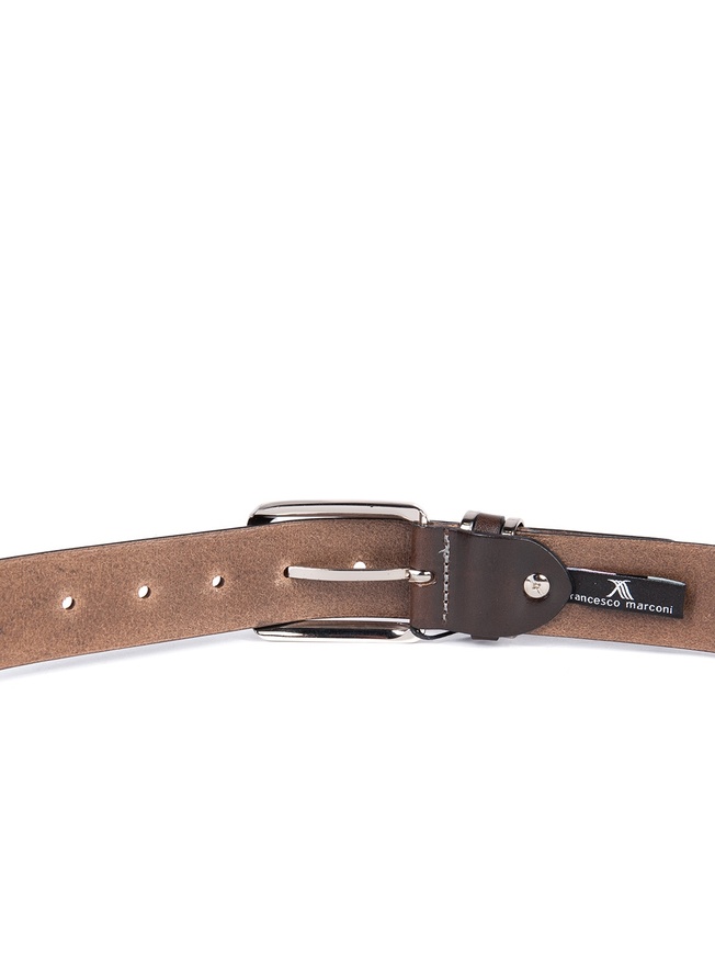 Стильный мужской ремень из плотной темно-коричневой кожи с хромированной пряжкой