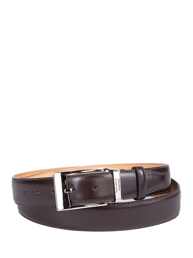 Мужской брючный ремень из гладкой коричневой кожи с хромированной пряжкой