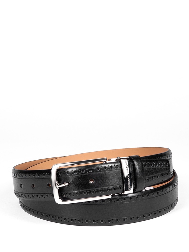 Мужской ремень из черной гладкой кожи с перфорацией в виде орнамента