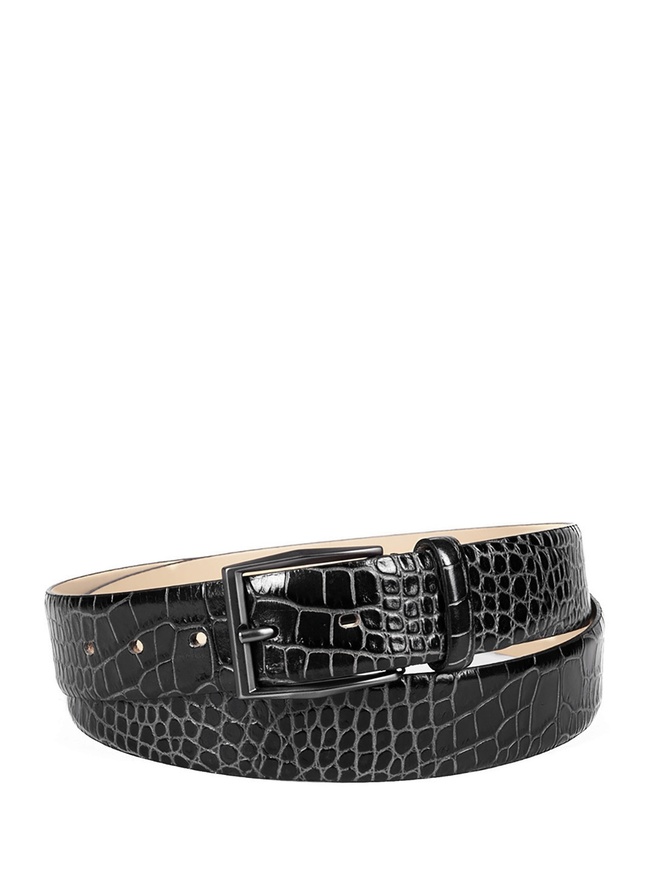 Мужской брючный ремень из плотной глянцевой кожи с выделкой под крокодила