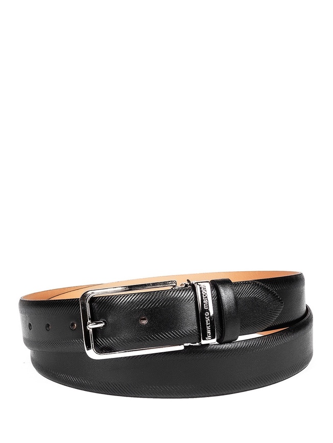 Мужской ремень на пояс из черной гладкой кожи с орнаментом 