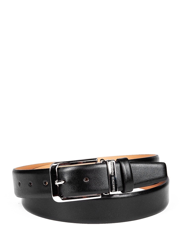 Мужской ремень на пояс из черной гладкой кожи с хромированной пряжкой