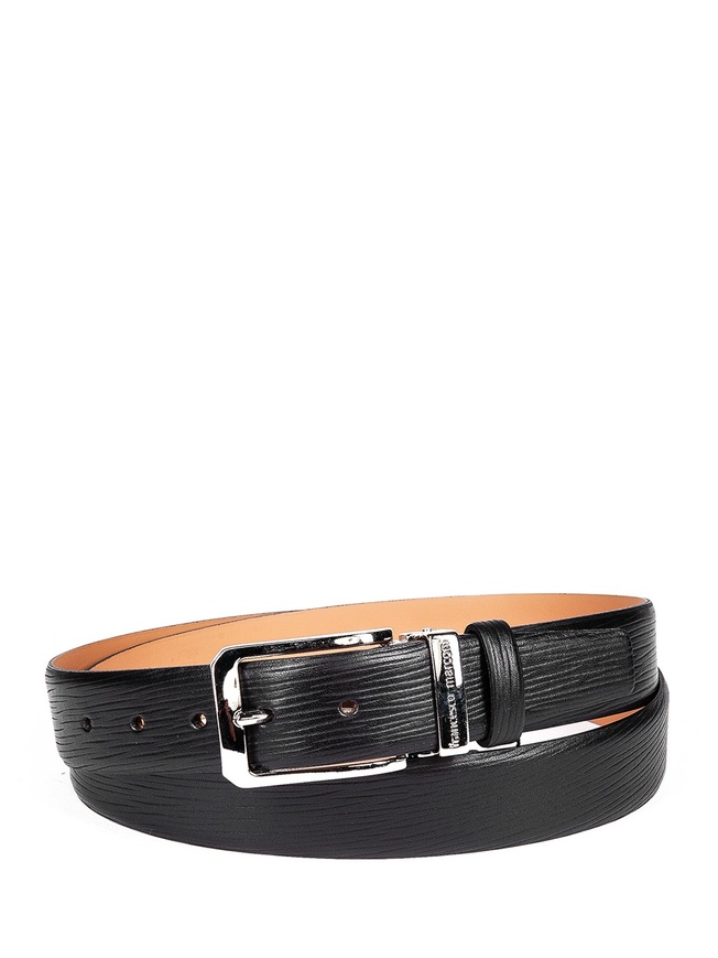 Классический мужской ремень из черной фактурной кожи с хромированной пряжкой