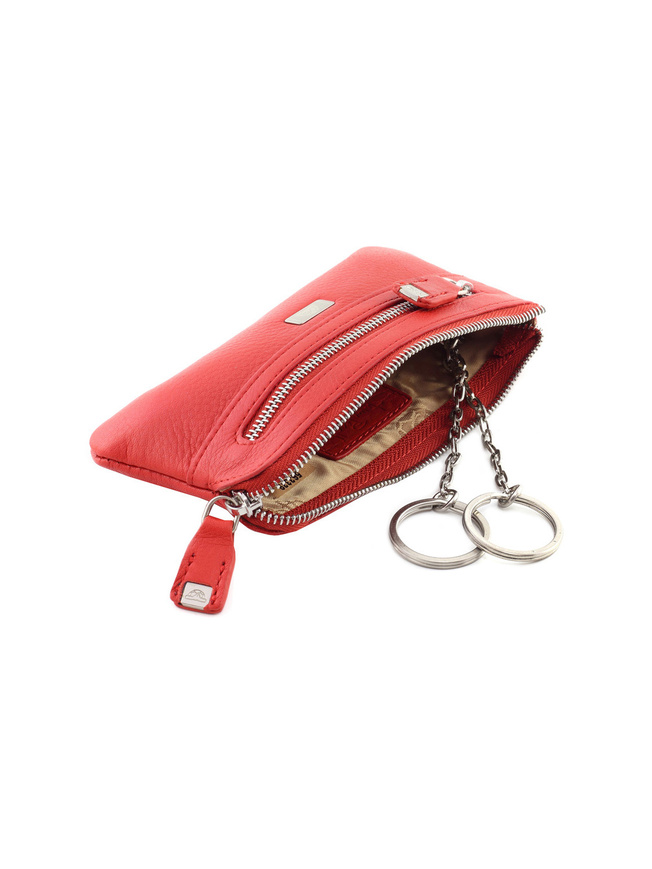 Красная кожаная ключница с двумя кольцами на цепочке