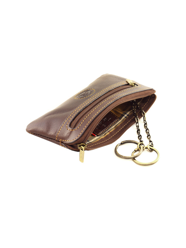 Коричневая кожаная ключница с двумя кольцами на цепочке