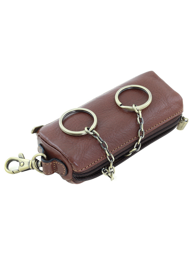 Коричневая кожаная ключница с двумя кольцами и карабином2