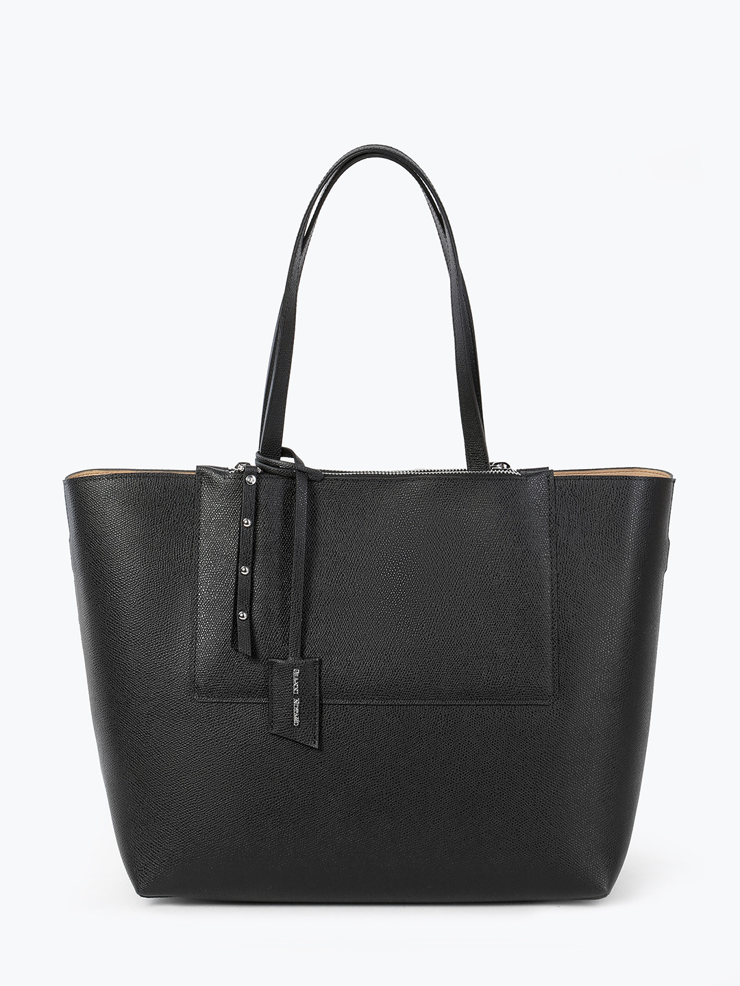 Фото Женская сумка-шоппер из черной сафьяновой кожи со съемным отделением-косметичкой Классические сумки