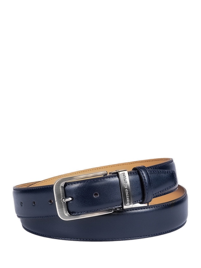 Классический мужской ремень из гладкой темно-синей кожи с матовой пряжкой