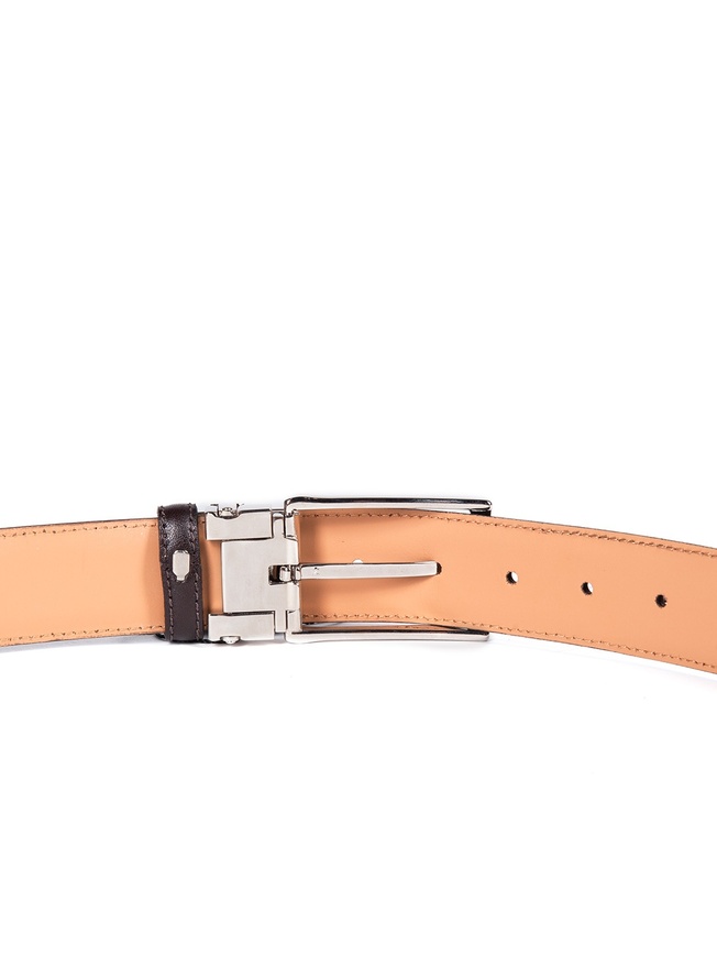 Мужской ремень на пояс из гладкой темно-коричневой кожи с хромированной пряжкой