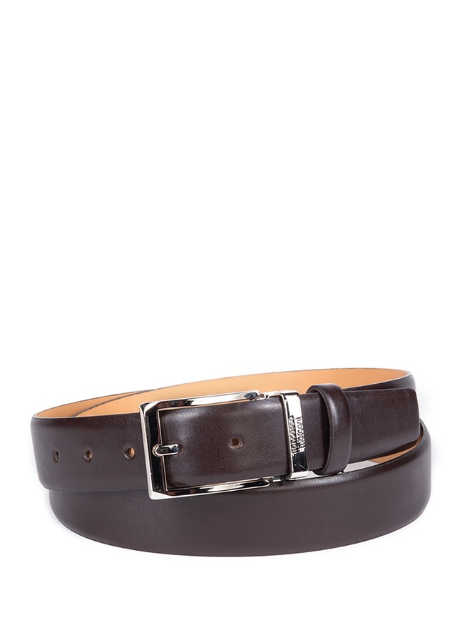 Мужской брючный ремень из гладкой темно-коричневой кожи с хромированной пряжкой