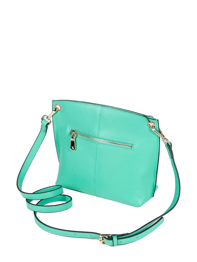 небольшая женская сумочка из мягкой ментоловой кожи с контрастной вставкой